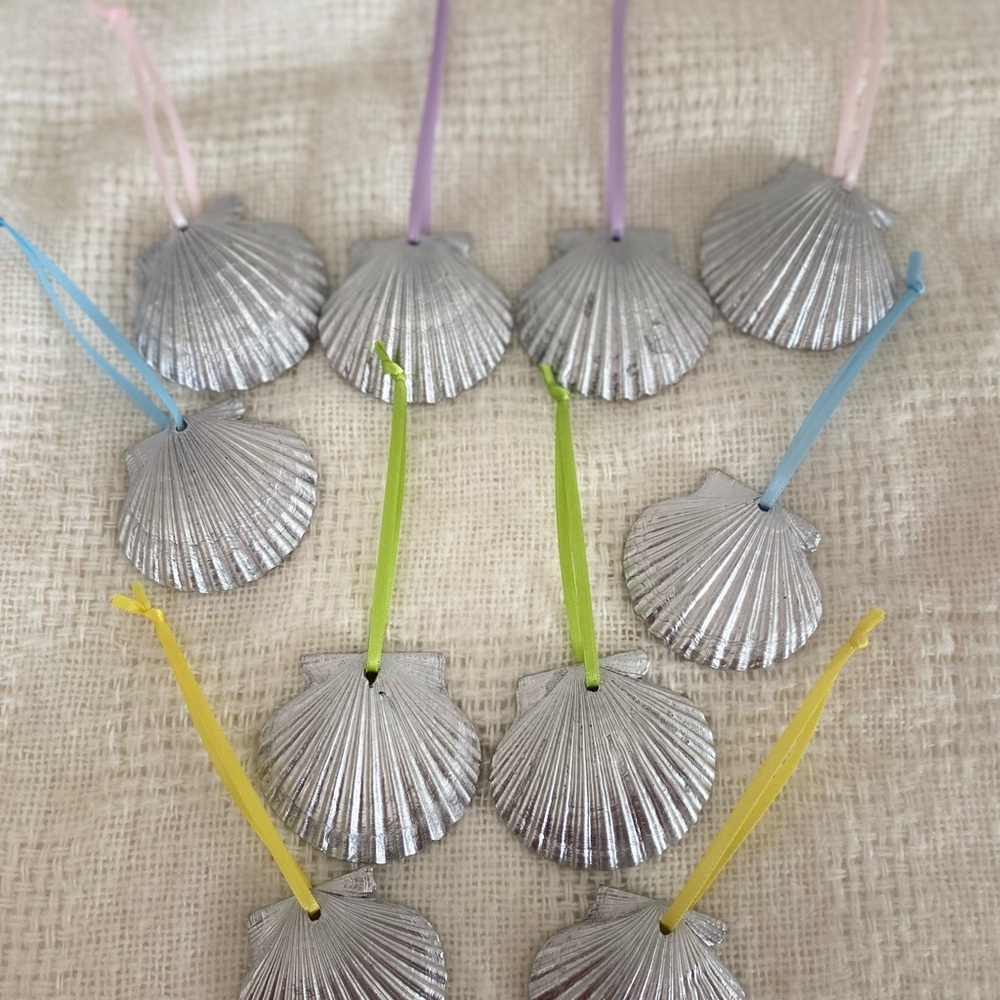 Lot of 10 Silver Seashells with Colorful Ribbons Perfect for Easter Decoration